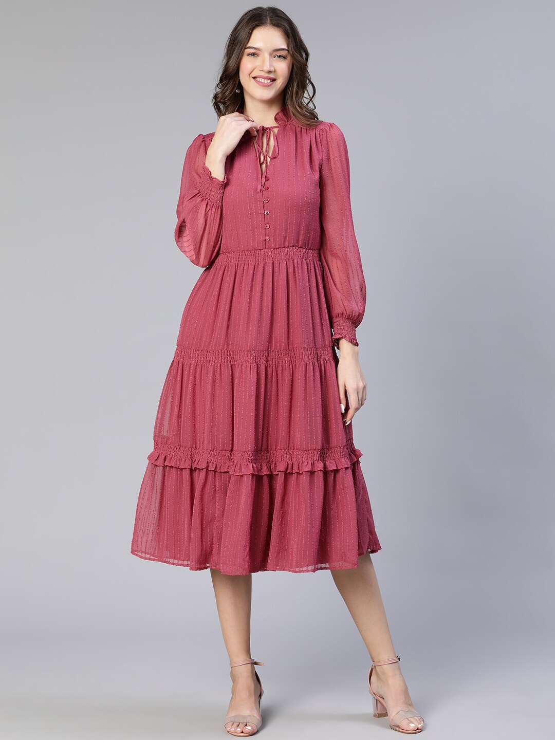 

Oxolloxo Tie-Up Neck Midi Fit & Flare Dress, Pink