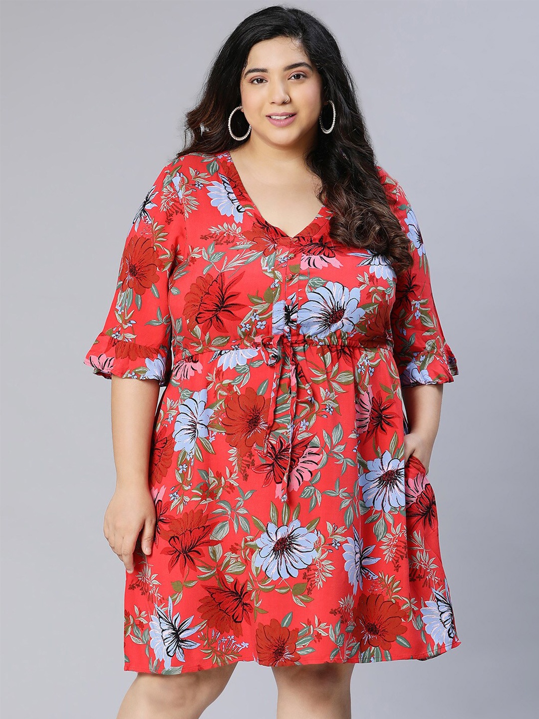 

Oxolloxo Floral Printed V-Neck Fit & Flare Dress, Red