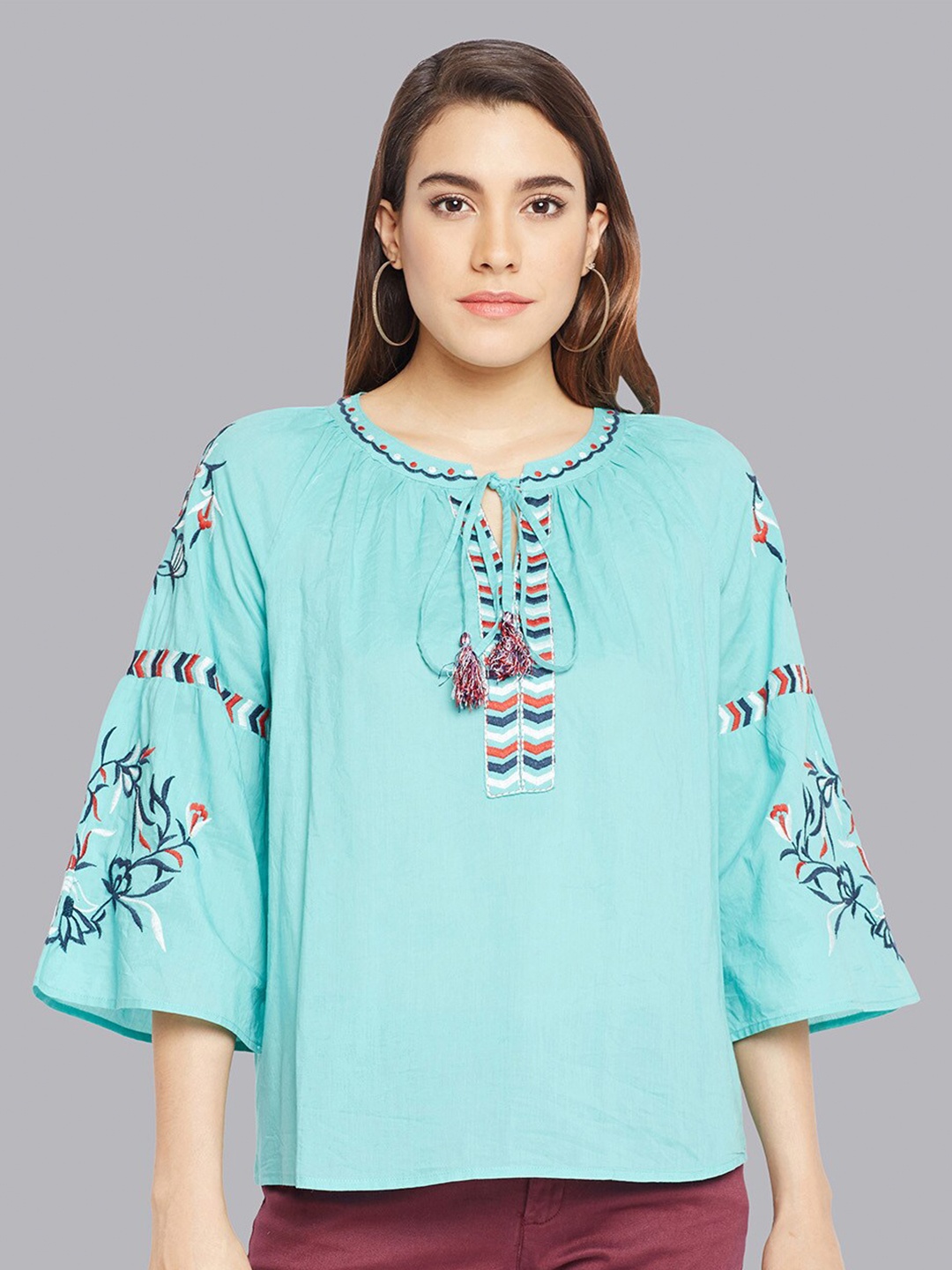 

Oxolloxo Women Floral Embroidered Tie-Up Neck Top, Lime green