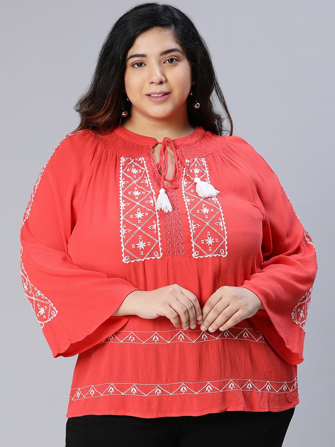 

Oxolloxo Women Embroidered Tie-Up Neck Top, Coral