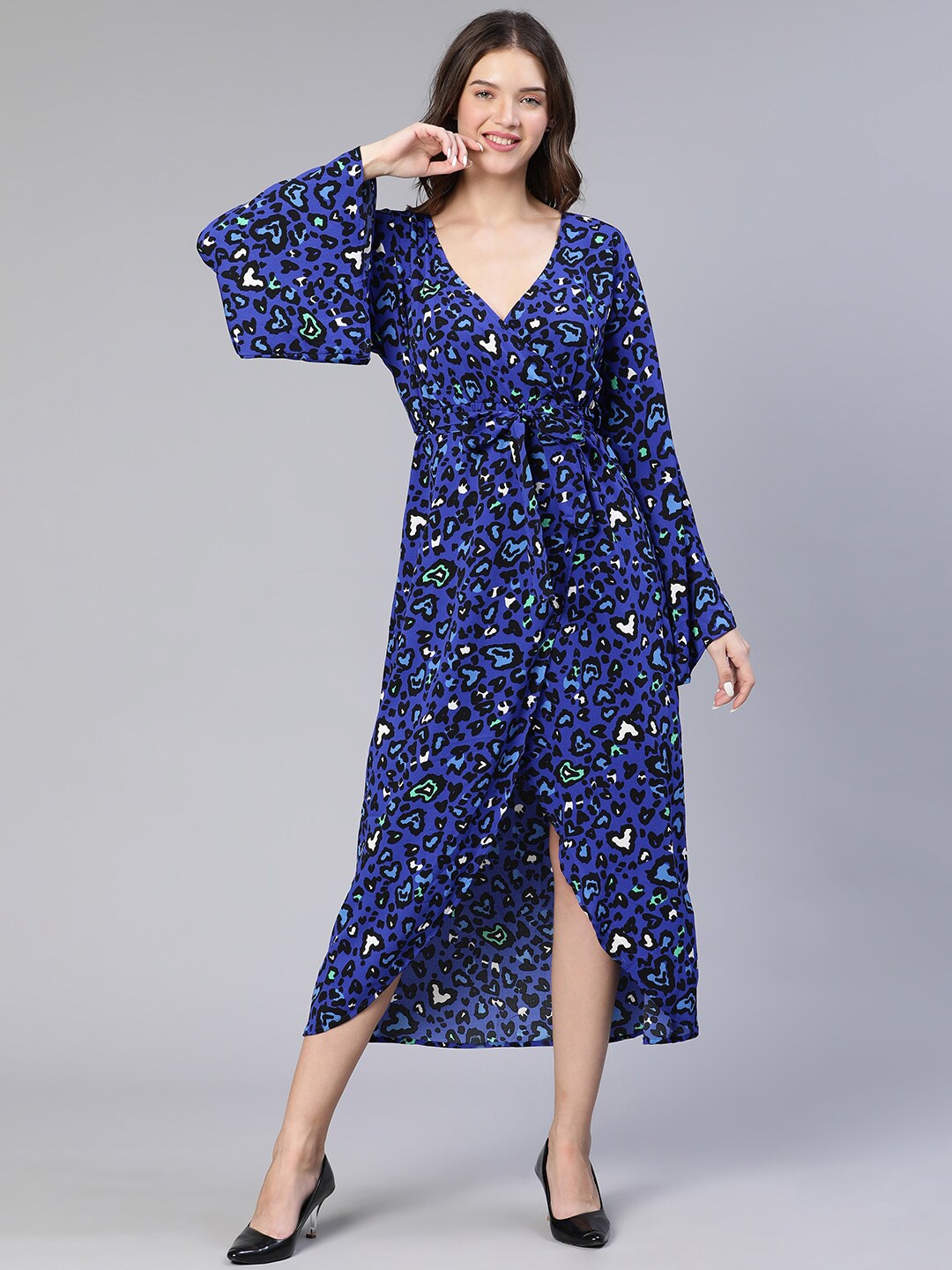 

Oxolloxo Floral Printed V-Neck Midi Wrap Dress, Blue