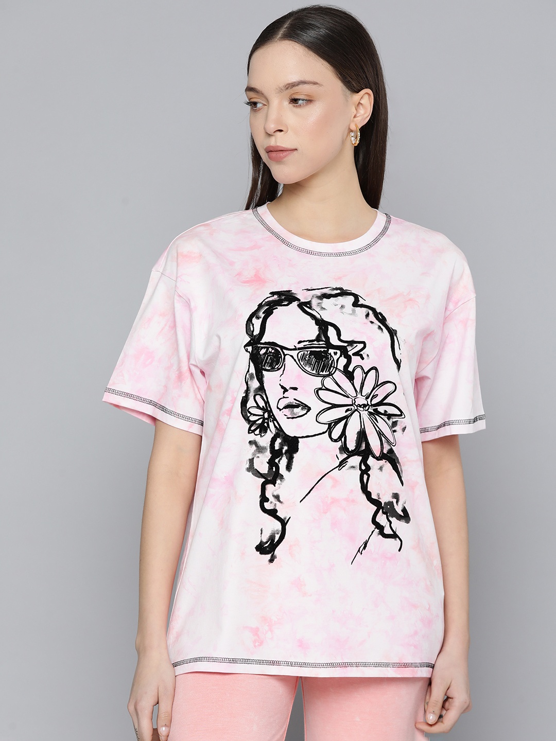 

VividArtsy Women Tie and Dye Printed Drop-Shoulder Sleeves Boxy T-shirt, Pink