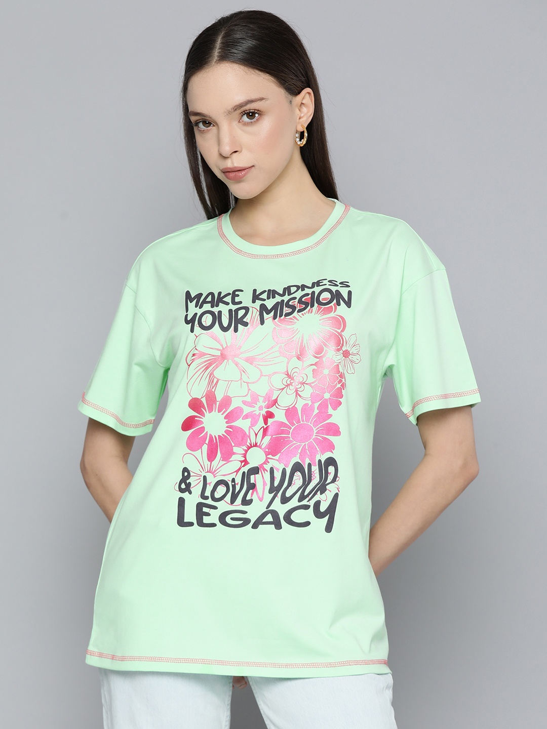 

VividArtsy Women Cotton Printed Drop-Shoulder Sleeves Boxy T-shirt, Green