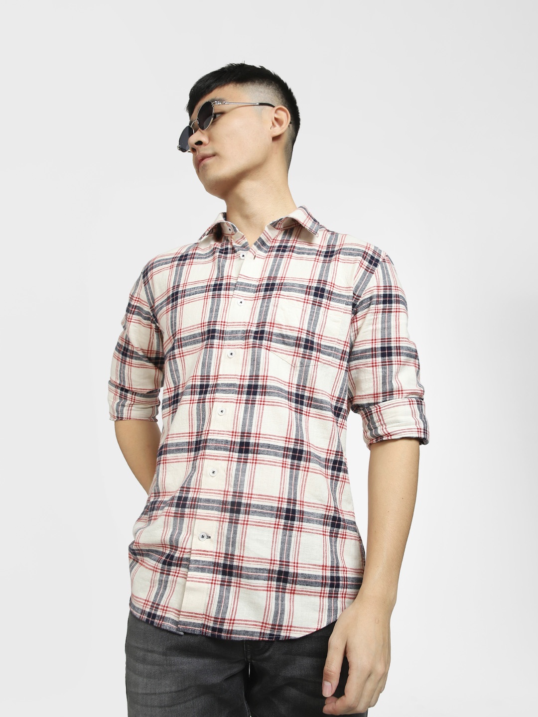 

Jack & Jones Men Cotton Slim Fit Tartan Checks Checked Casual Shirt, Cream