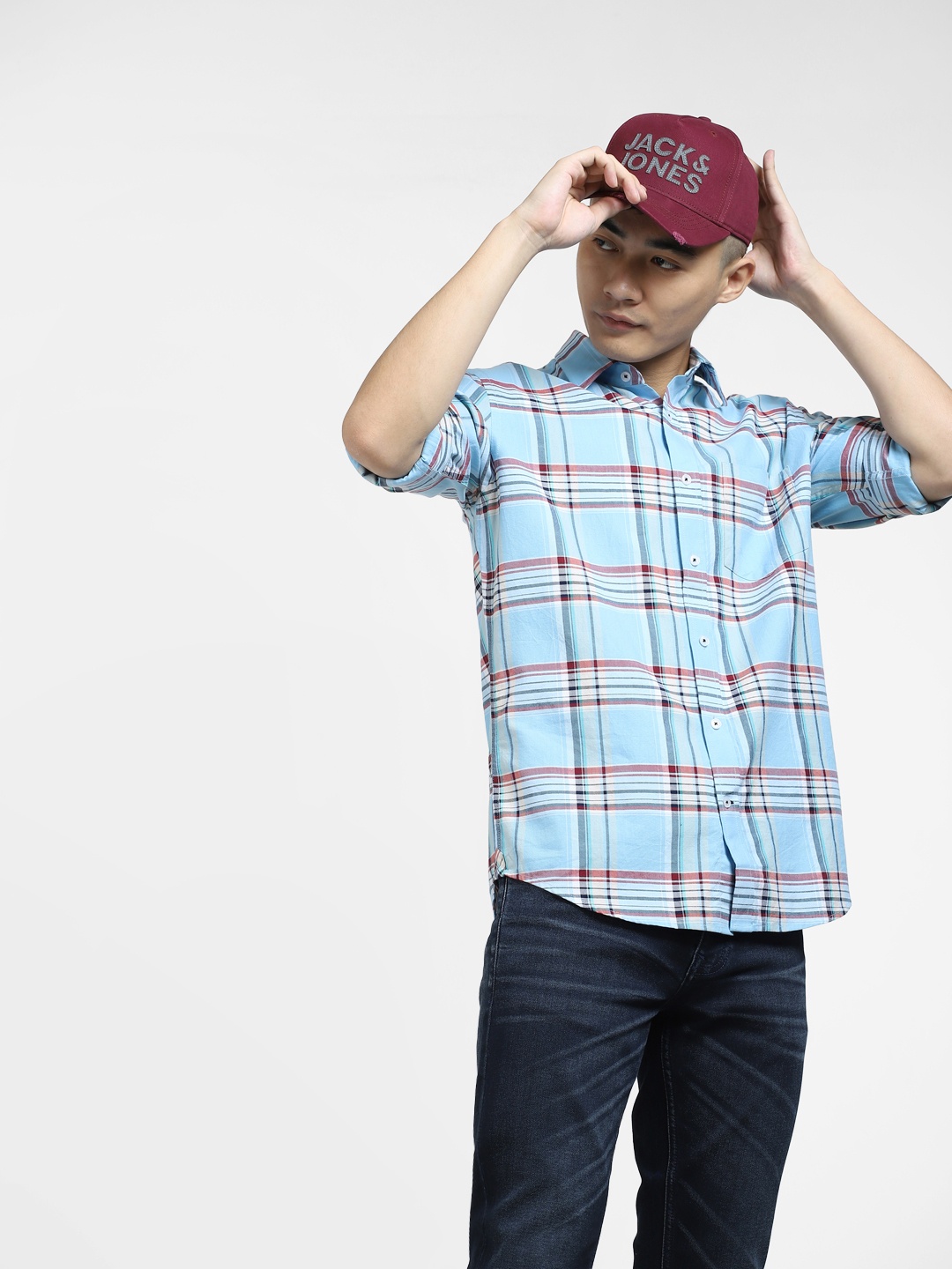 

Jack & Jones Men Cotton Slim Fit Tartan Checks Checked Casual Shirt, Blue