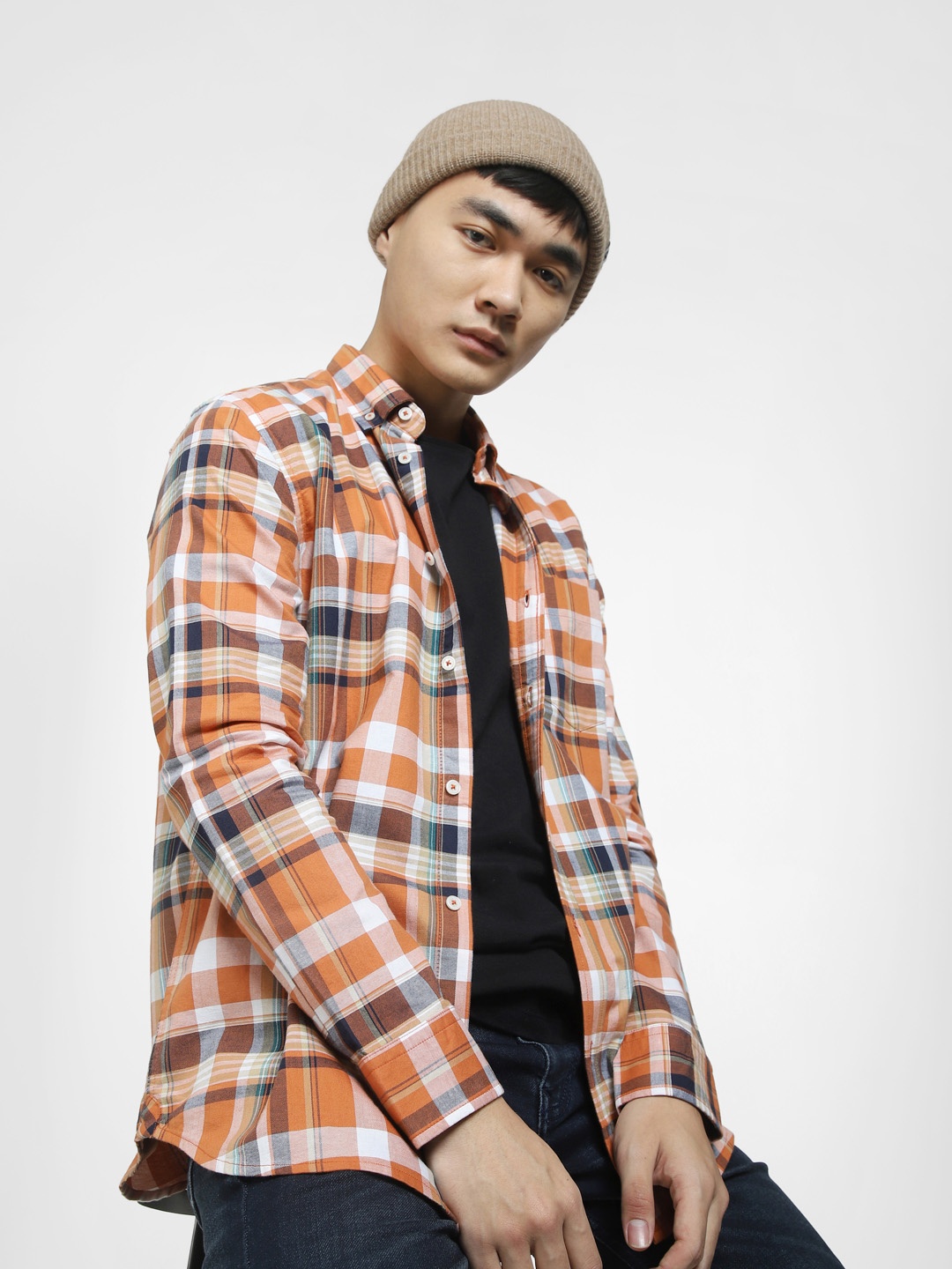 

Jack & Jones Men Cotton Slim Fit Tartan Checks Checked Casual Shirt, Orange