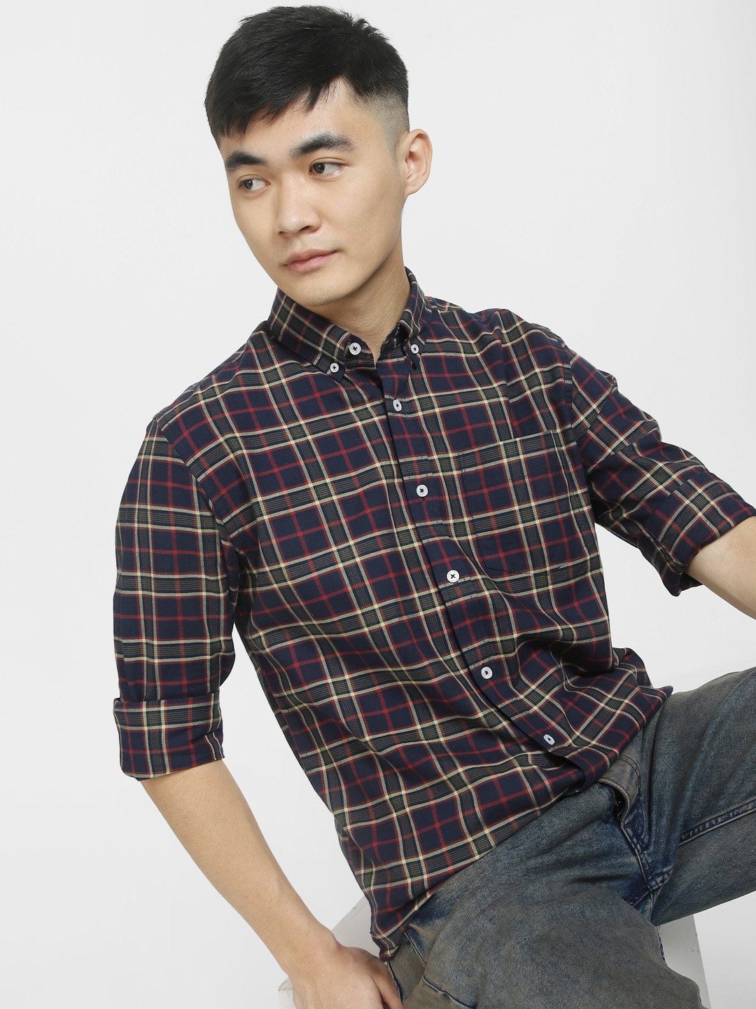 

Jack & Jones Men Slim Fit Tartan Checked Cotton Casual Shirt, Navy blue