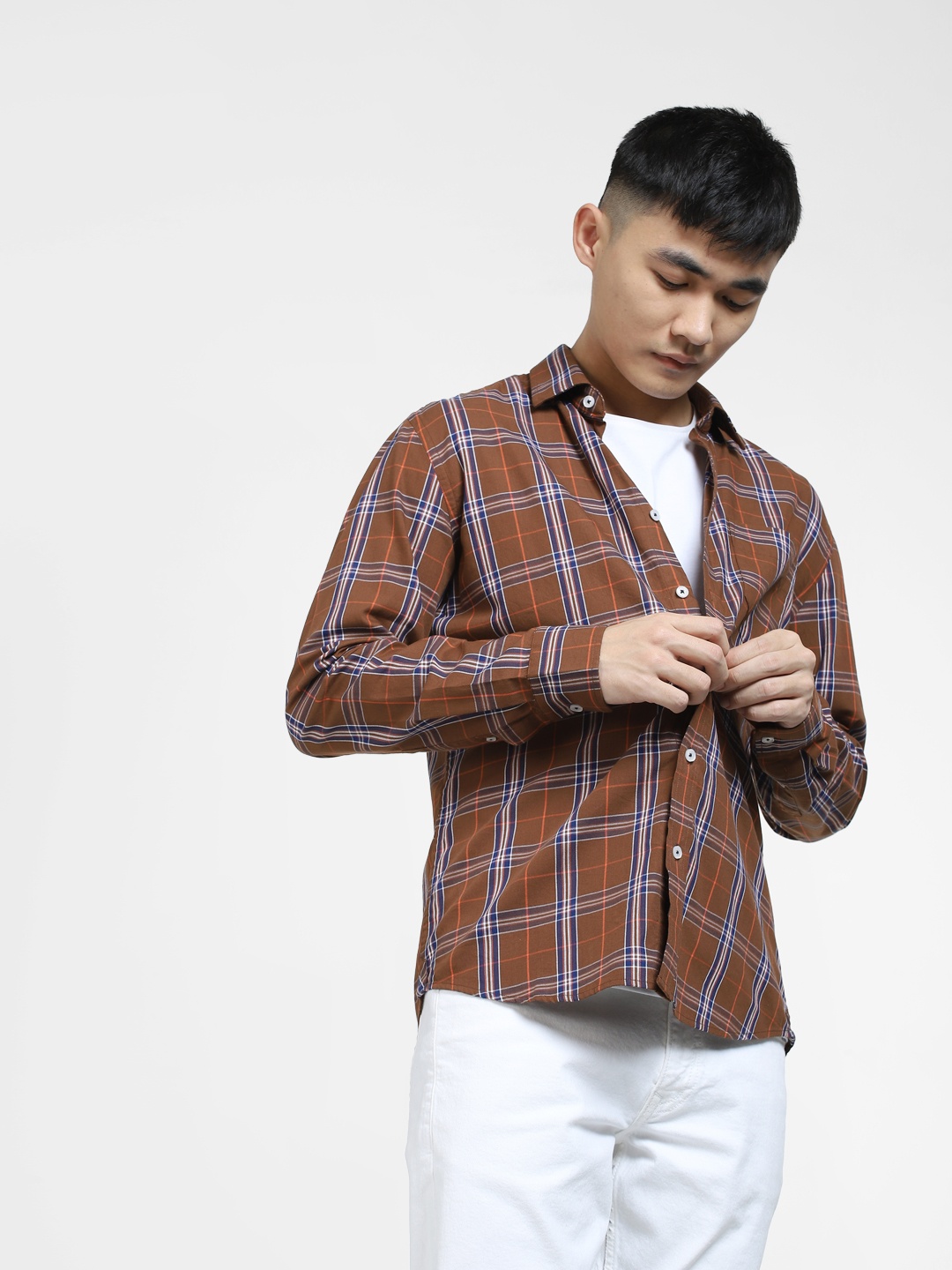 

Jack & Jones Men Slim Fit Tartan Checked Cotton Casual Shirt, Brown