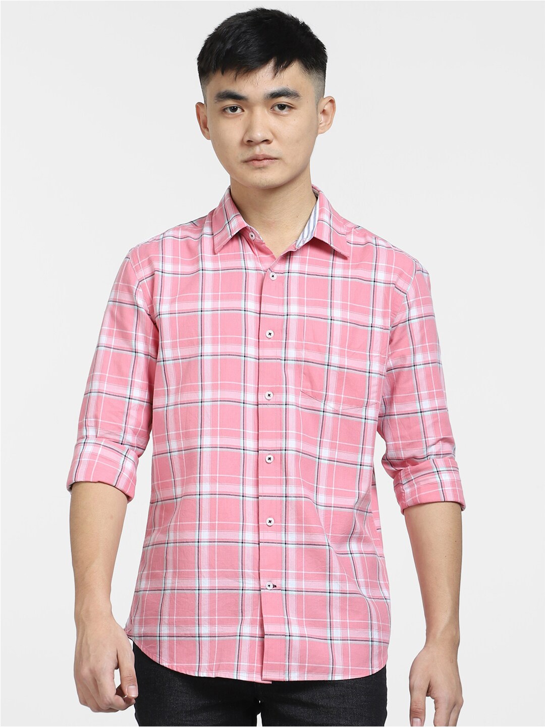 

Jack & Jones Men Slim Fit Checked Cotton Casual Shirt, Pink