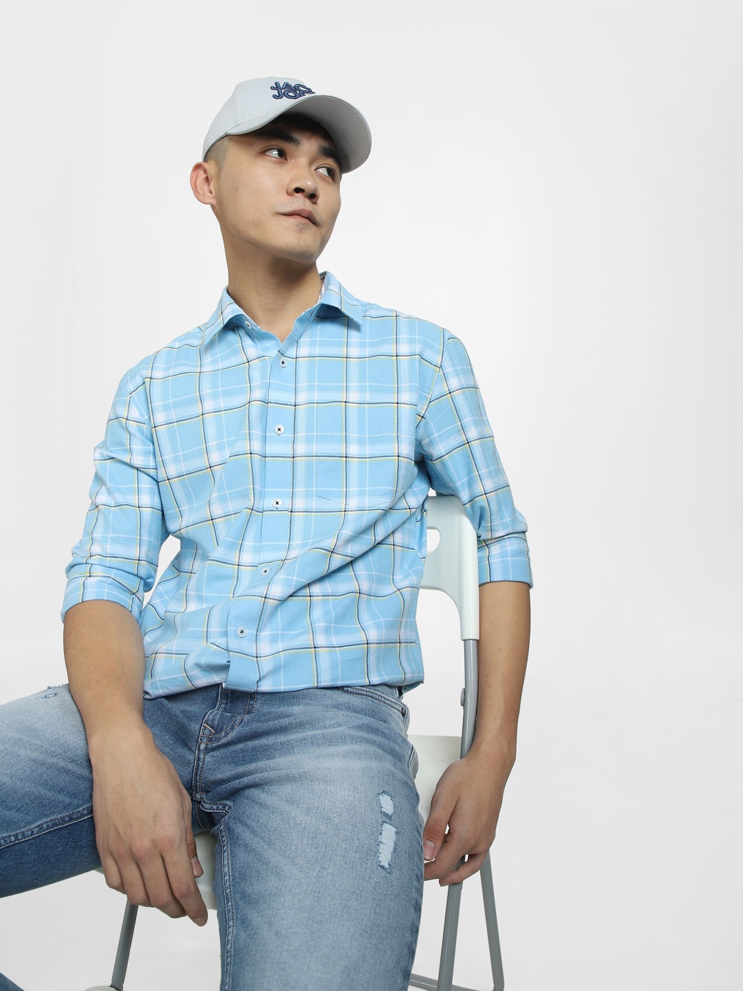 

Jack & Jones Men Slim Fit Tartan Checks Checked Cotton Casual Shirt, Blue