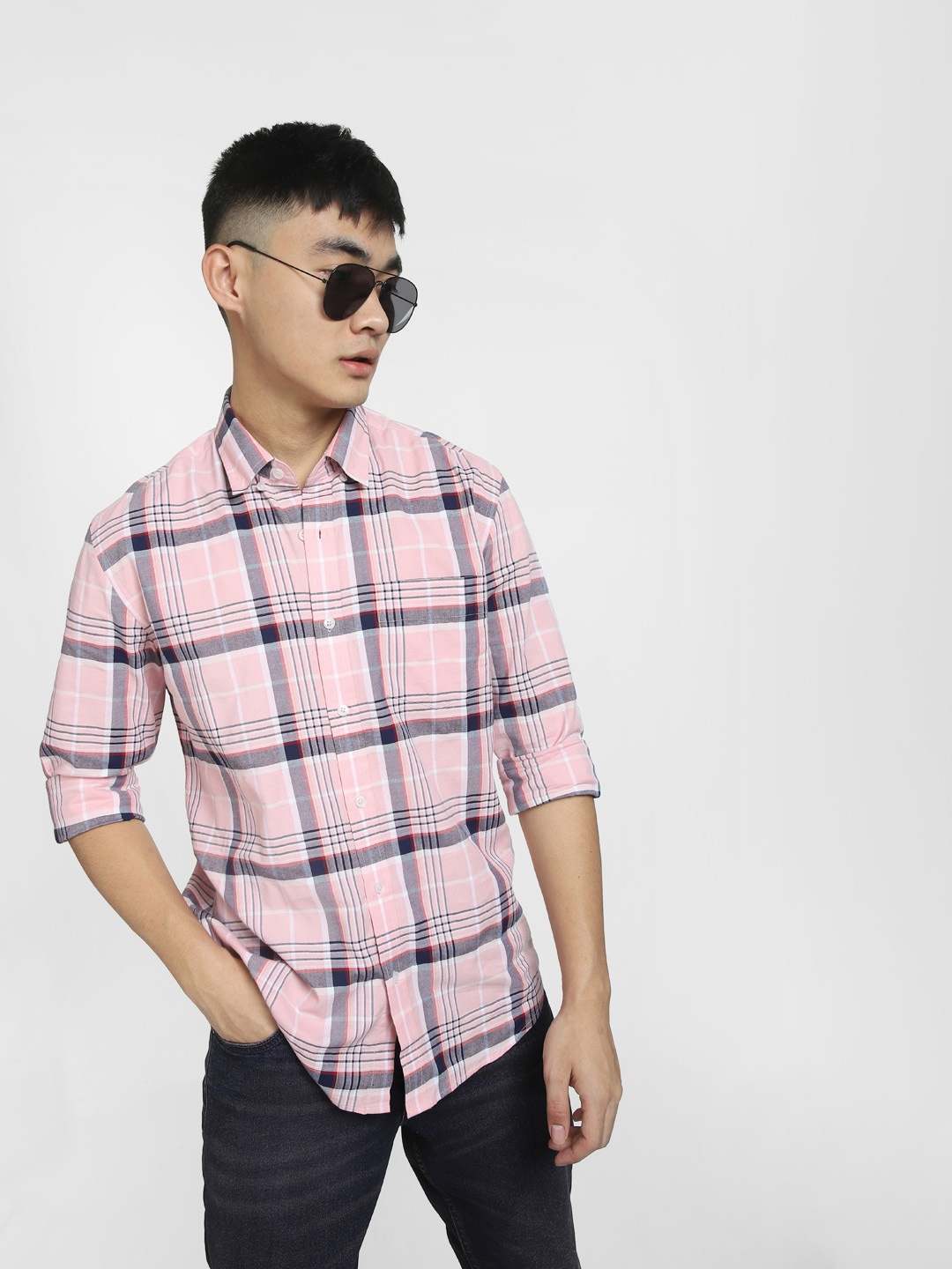 

Jack & Jones Men Slim Fit Tartan Checks Cotton Casual Shirt, Pink