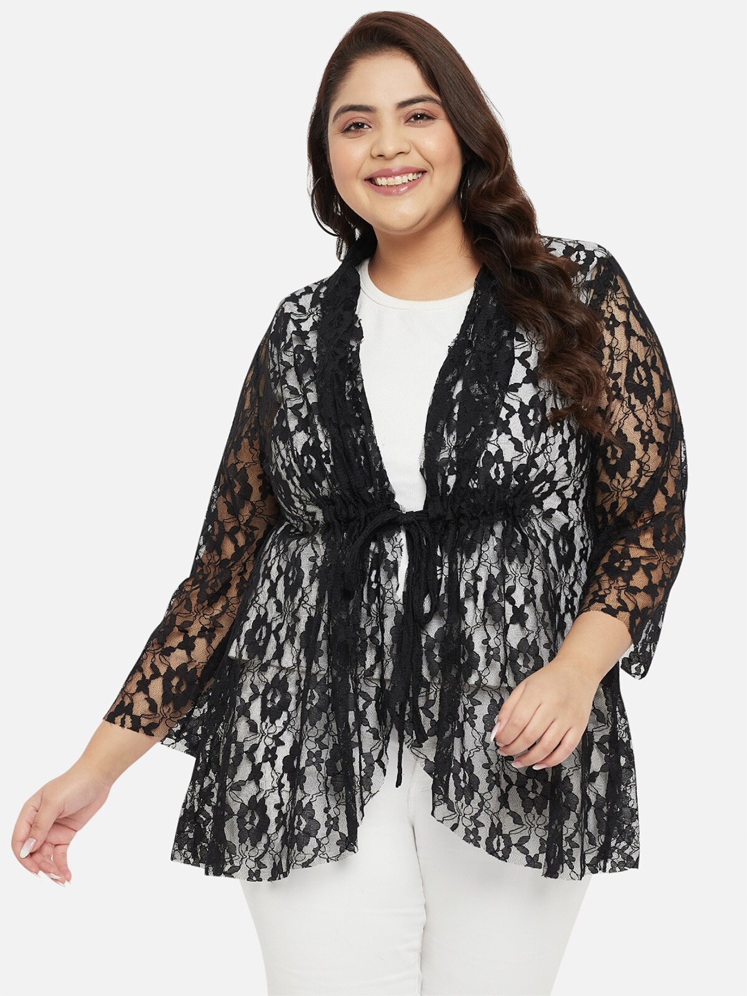 

wild U Women Plus Size Self Design Longline Sheer Tie-Up Shrug, Black