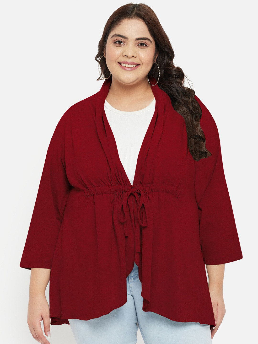 

wild U Women Plus Size Solid Longline Tie-Up Shrug, Red