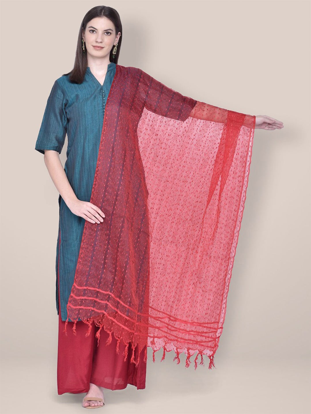 

Dupatta Bazaar Striped Organza Dupatta, Red