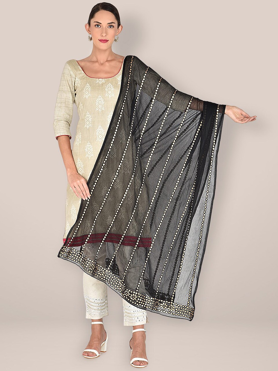 

Dupatta Bazaar Striped Dupatta with Gotta Patti, Black