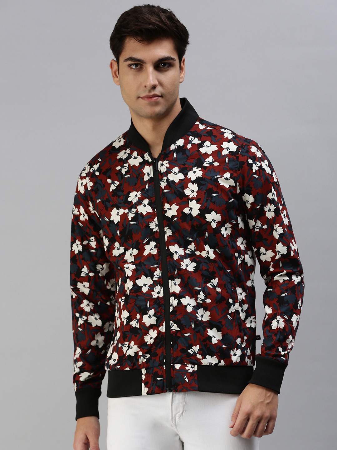 

VEIRDO Men Floral Printed Lightweight Bomber Jacket, Maroon