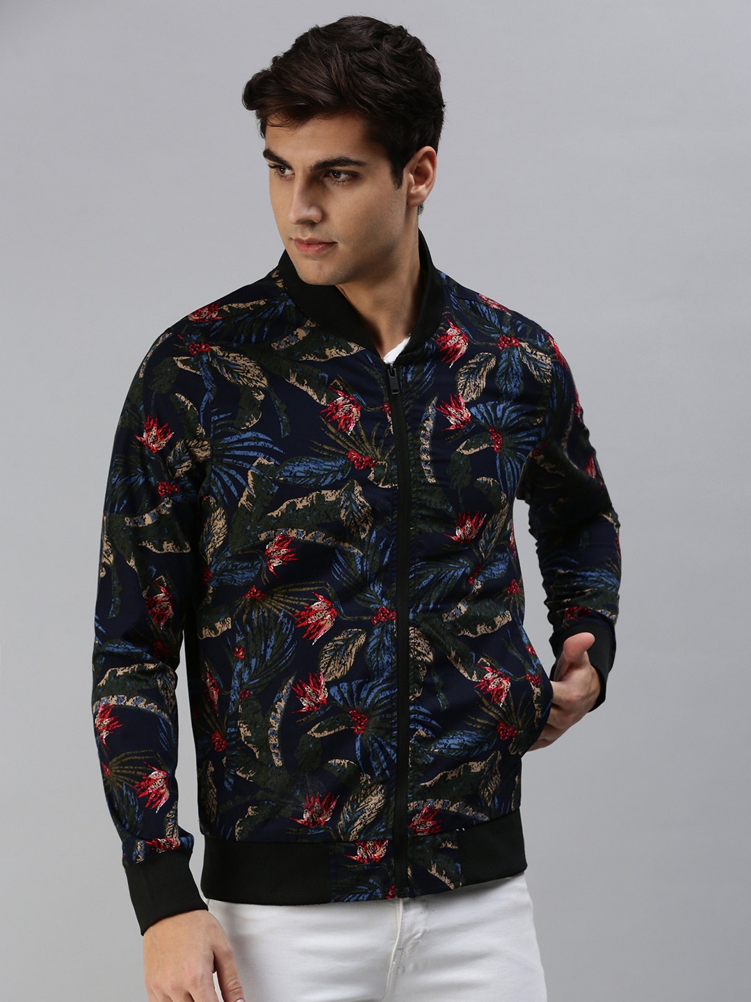 

VEIRDO Men Floral Printed Lightweight Bomber Jacket, Navy blue