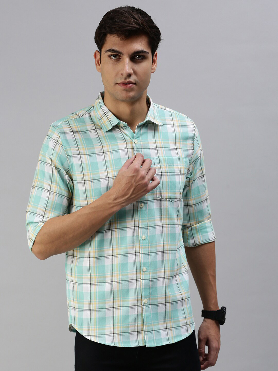 

VEIRDO Men Comfort Tartan Checked Casual Cotton Shirt, Blue