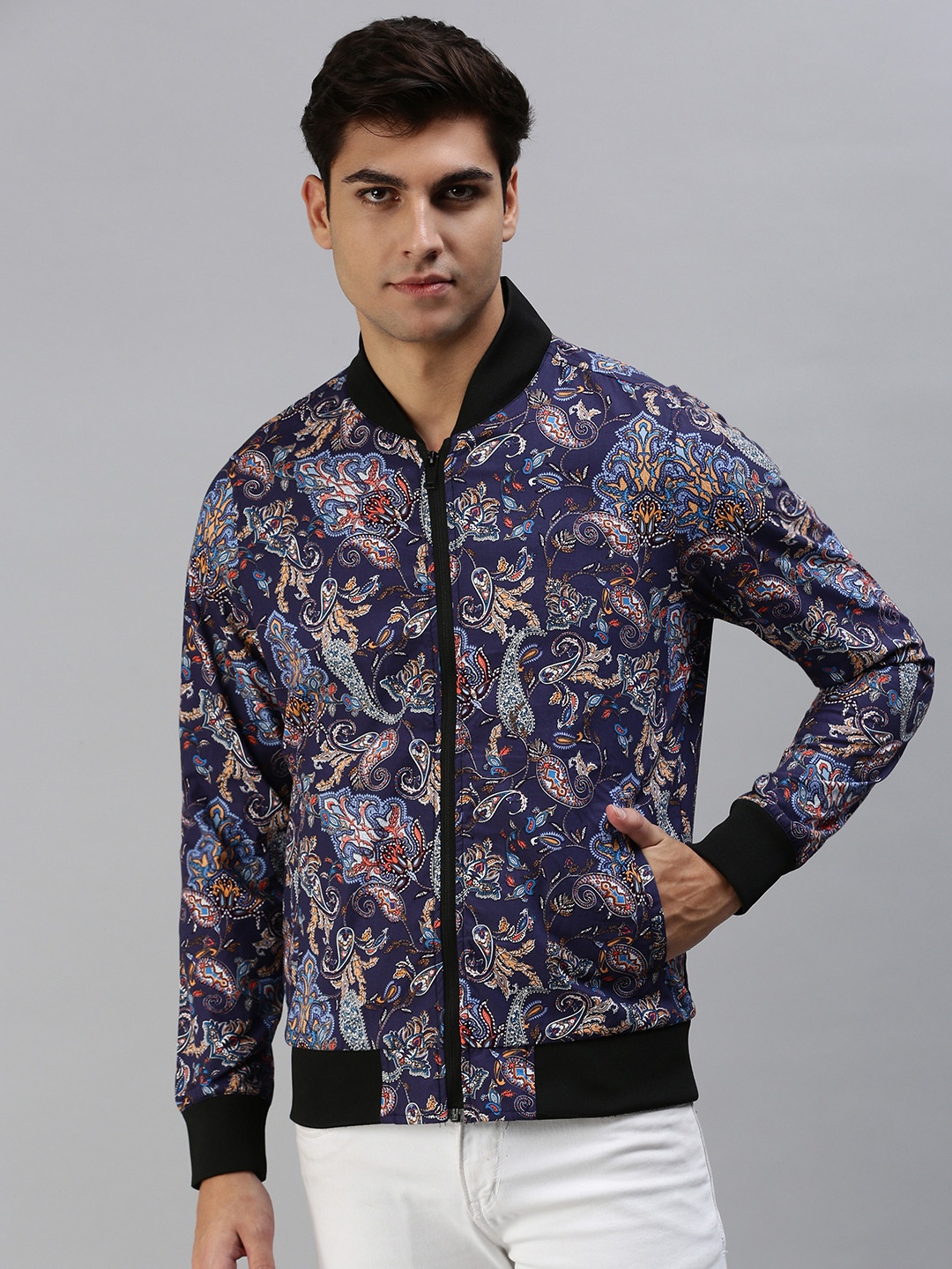 

VEIRDO Men Cotton Floral Lightweight Bomber Jacket, Navy blue