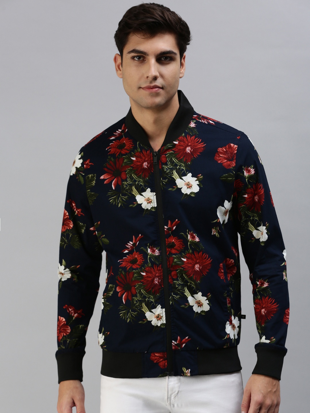 

VEIRDO Men Floral Lightweight Bomber Jacket, Navy blue