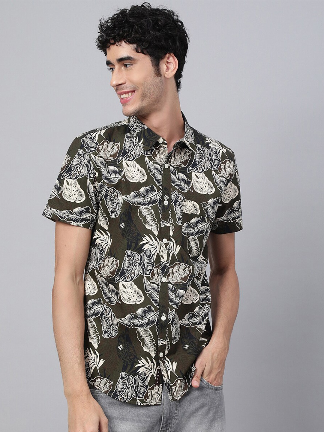 

VEIRDO Men Cotton Comfort Floral Printed Casual Shirt, Olive