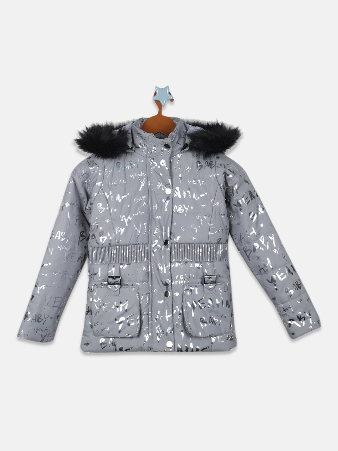 

Monte Carlo Girls Typography Printed Hooded Parka Jacket, Grey