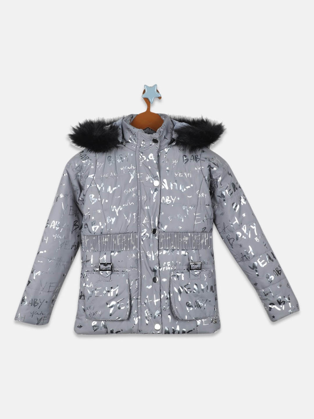 

Monte Carlo Girls Hooded Typography Printed Faux Fur Trim Parka Jacket, Grey