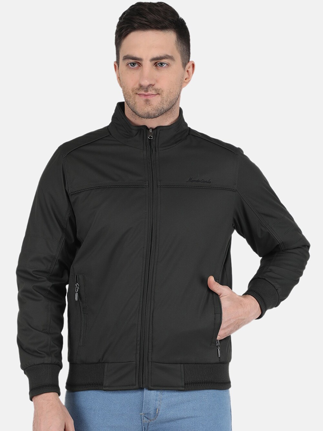 

Monte Carlo Men Solid Mock Collar Bomber Jacket, Black