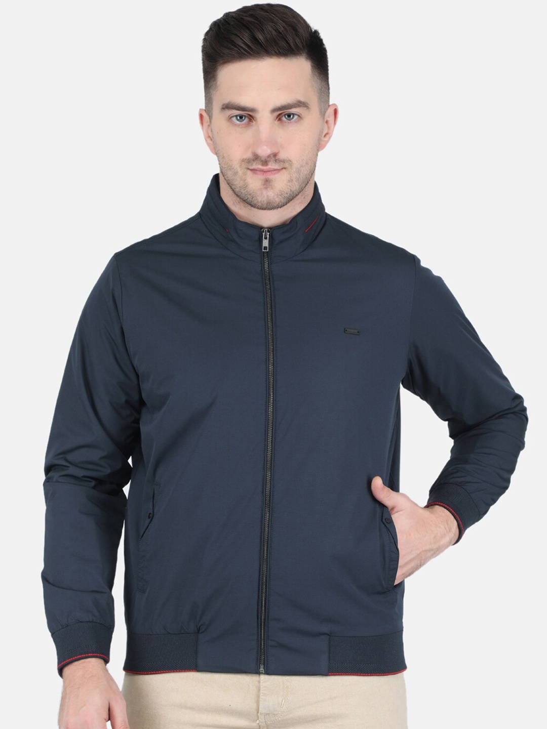 

Monte Carlo Men Solid Stand Collar Bomber Jacket, Navy blue