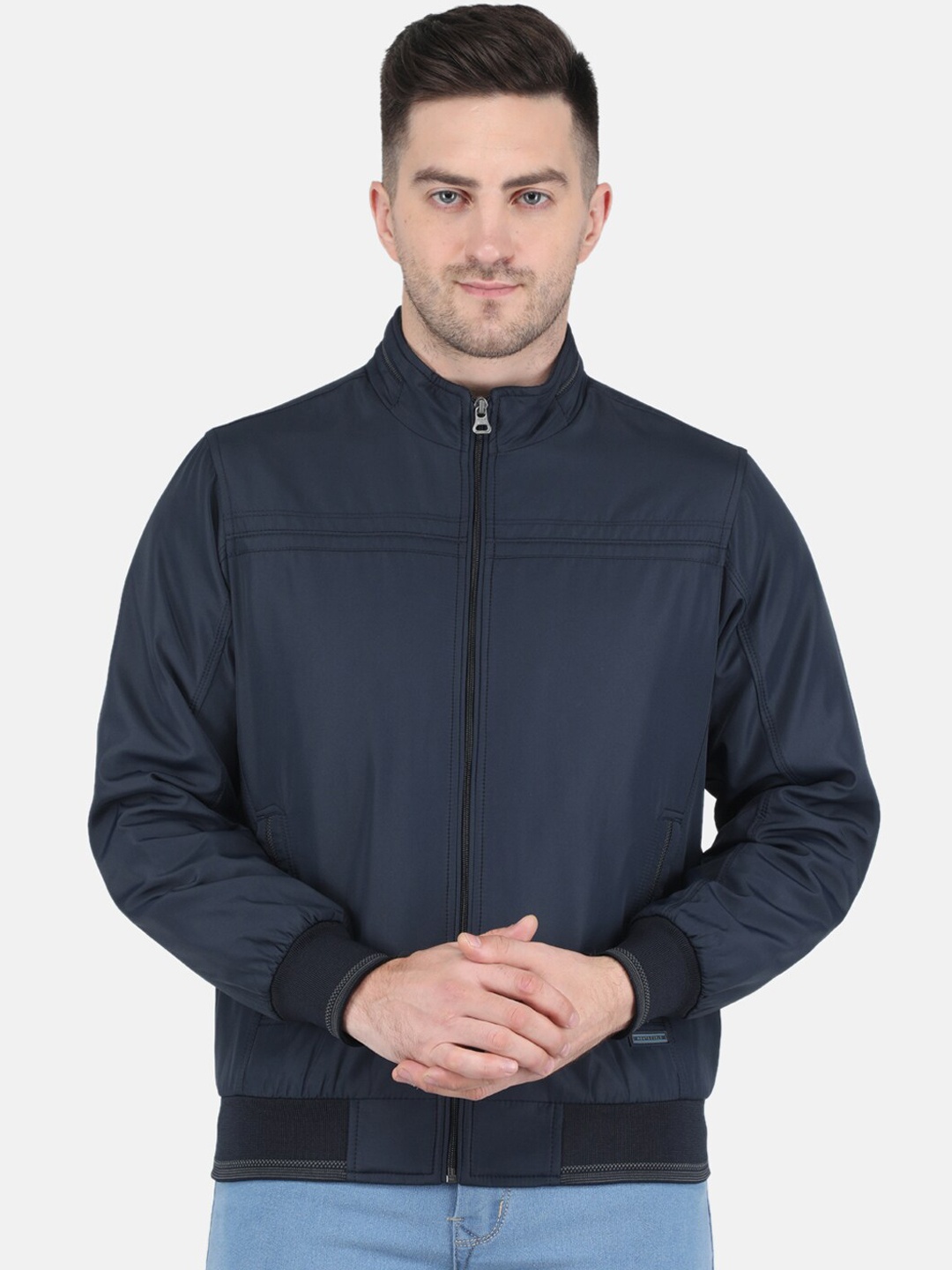 

Monte Carlo Men Solid Stand Collar Bomber Jacket, Navy blue