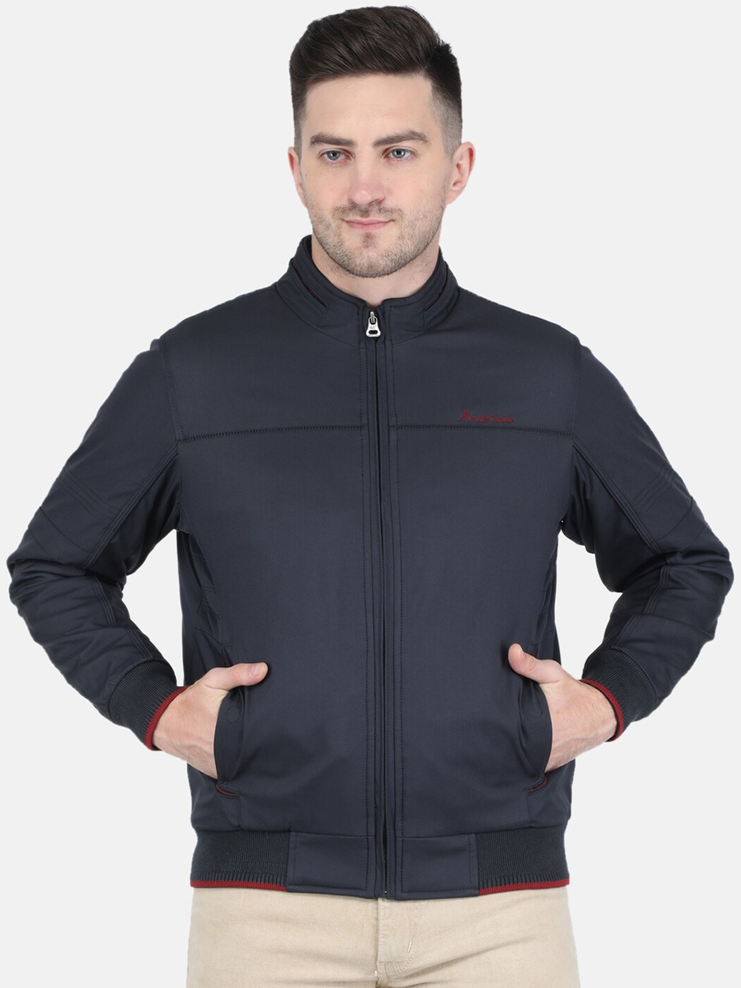 

Monte Carlo Men Solid Stand Collar Bomber Jacket, Navy blue