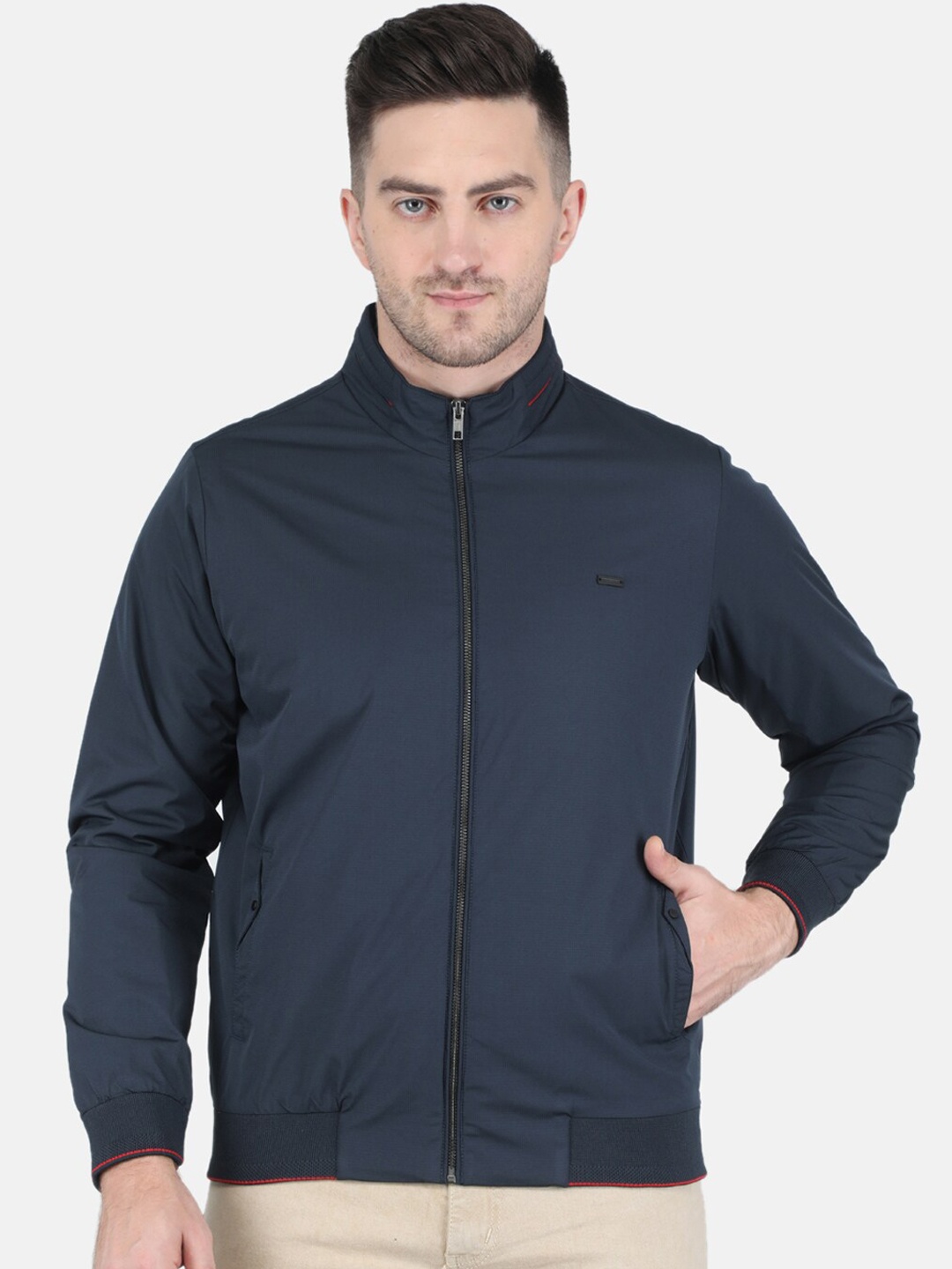 

Monte Carlo Men Solid Stand Collar Bomber Jacket, Navy blue