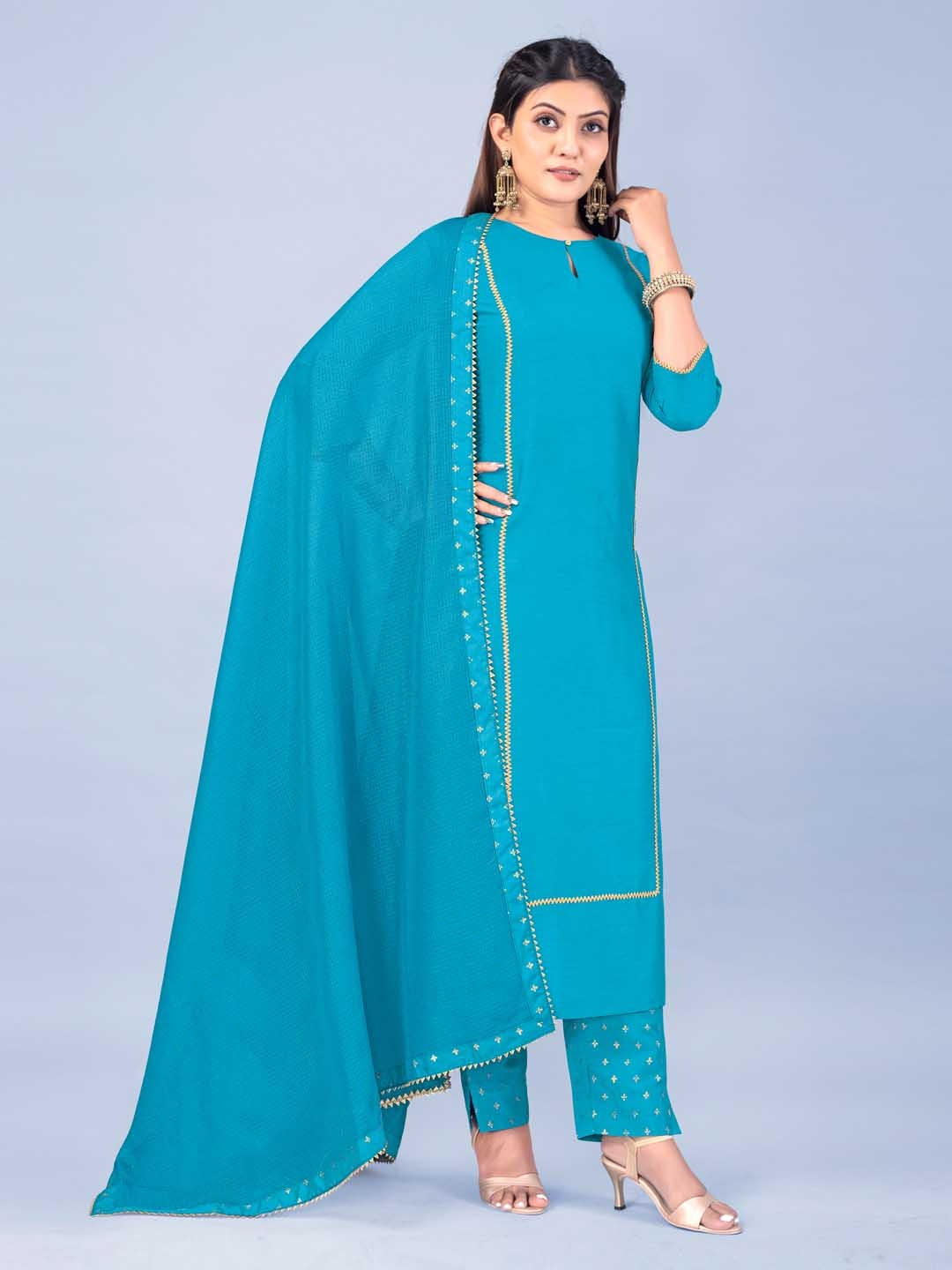 

FASHION DREAM Women Blue Silk Crepe Kurta with Trousers & With Dupatta