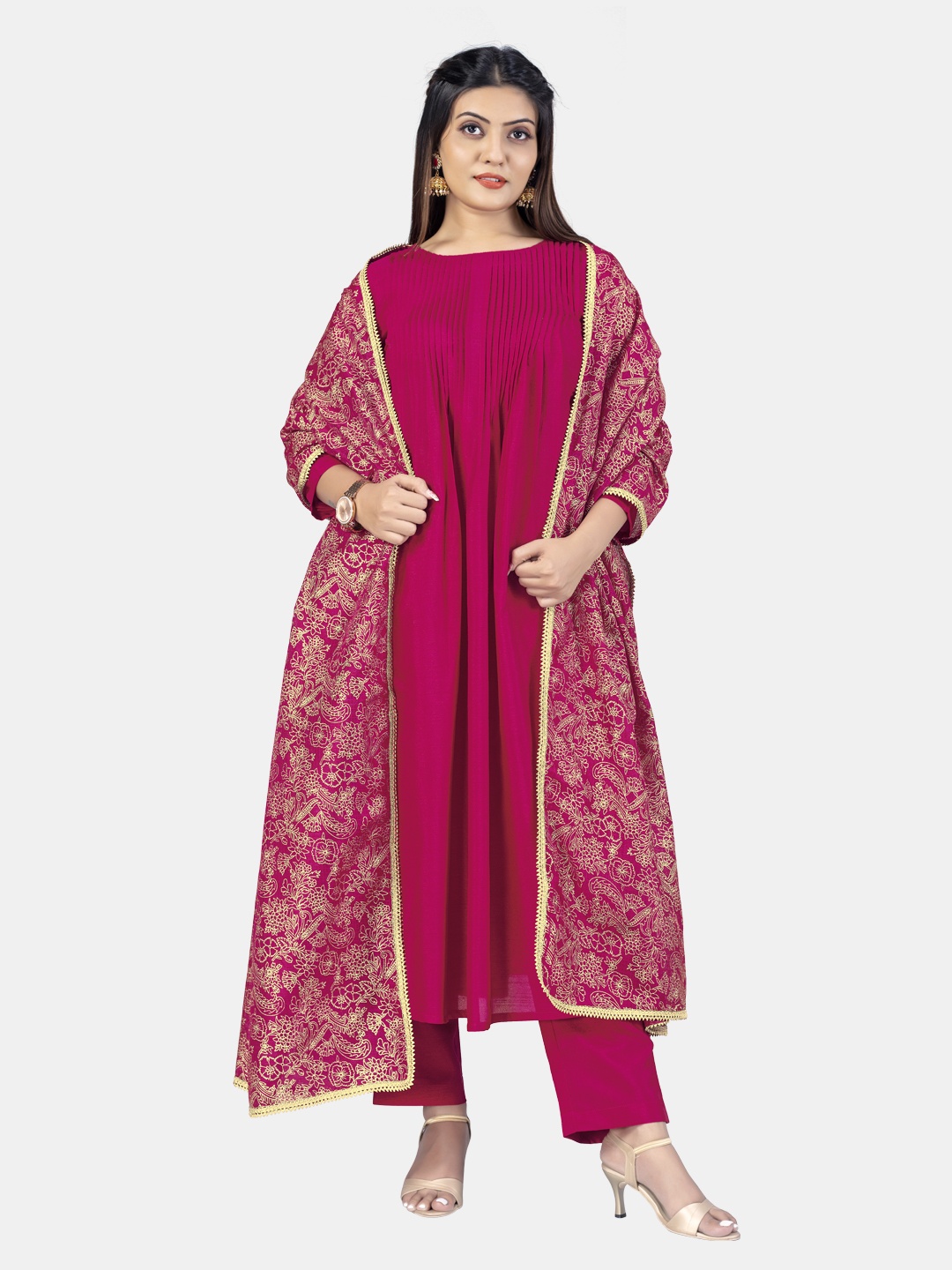 

FASHION DREAM Pleated Kurta with Pyjamas & Dupatta, Fuchsia