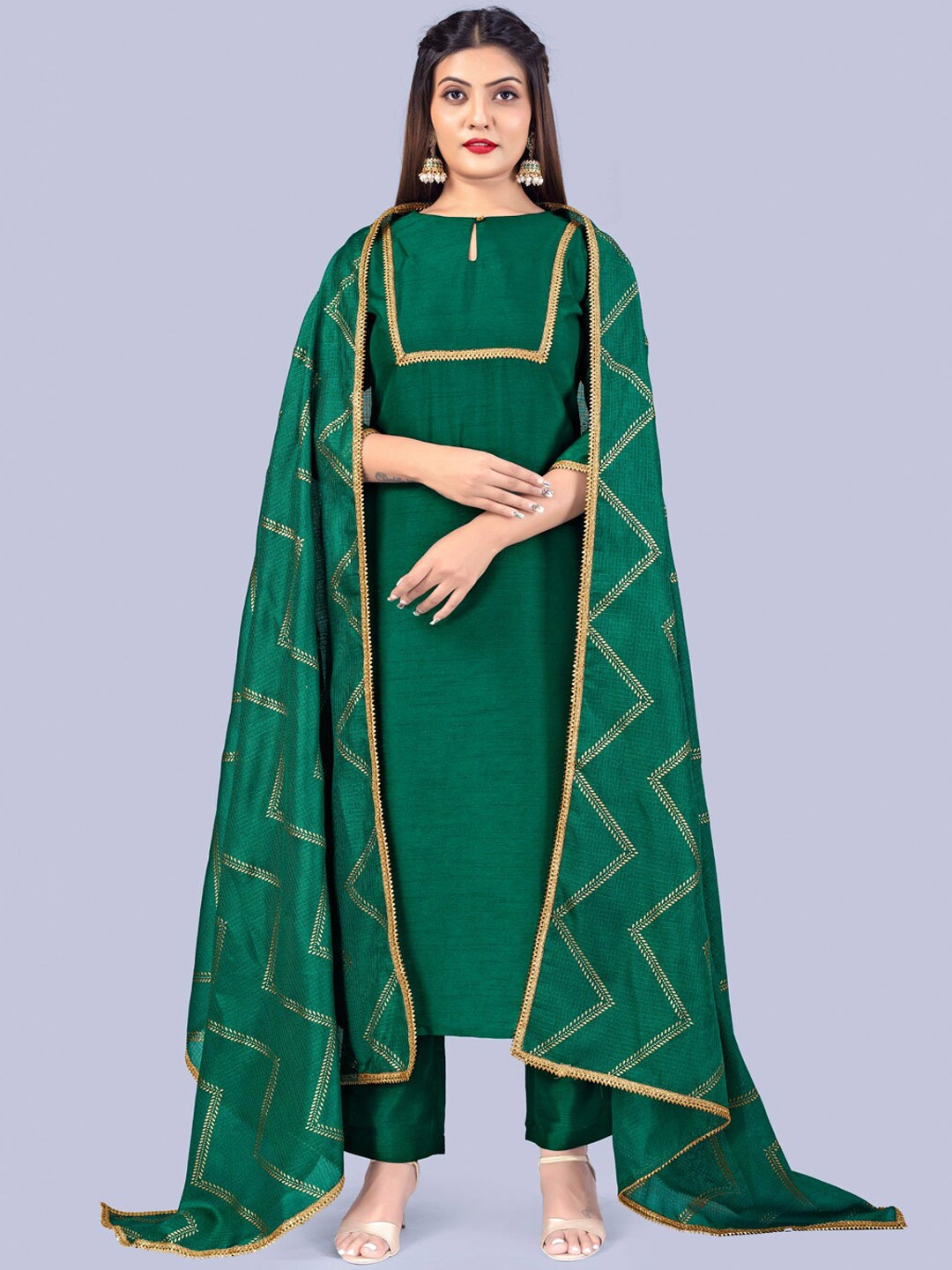 

FASHION DREAM Ethnic Motifs Yoke Design Kurta with Trousers & Dupatta, Green