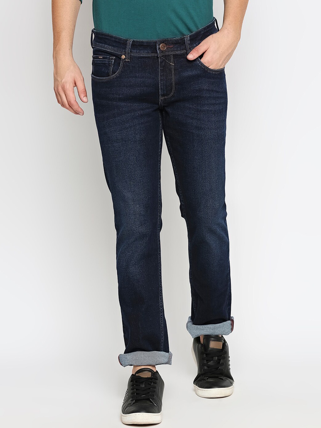 

Basics Men Slim Fit Low-Rise Light Fade Stretchable Casual Cotton Jeans, Navy blue