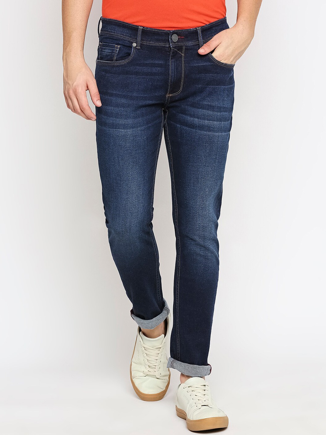 

Basics Men Slim Fit Low-Rise Light Fade Stretchable Cotton Jeans, Navy blue