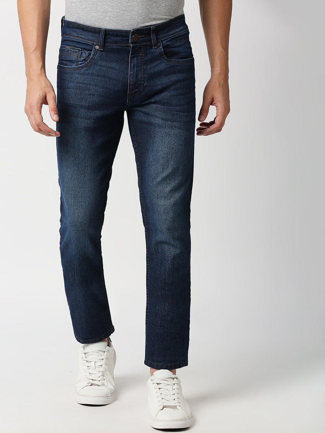 

Basics Men Slim Fit Low-Rise Light Fade Stretchable Cotton Jeans, Navy blue