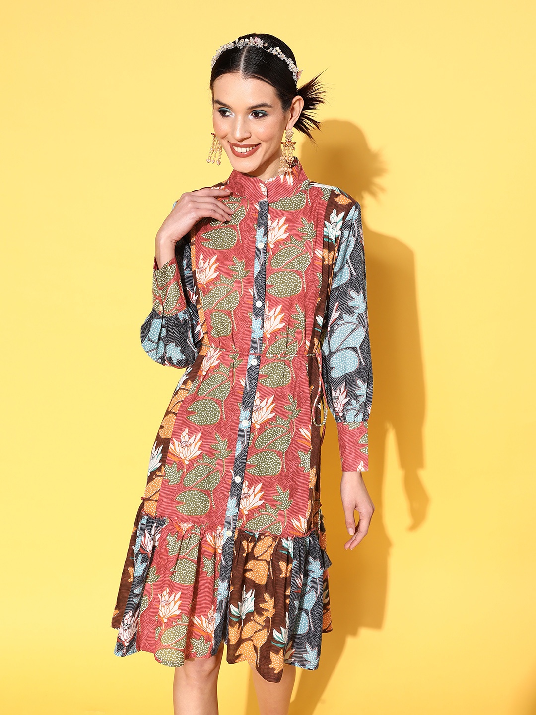 

Indo Era Multicoloured Floral Layered Ethnic A-Line Midi Ethnic Dress, Multi