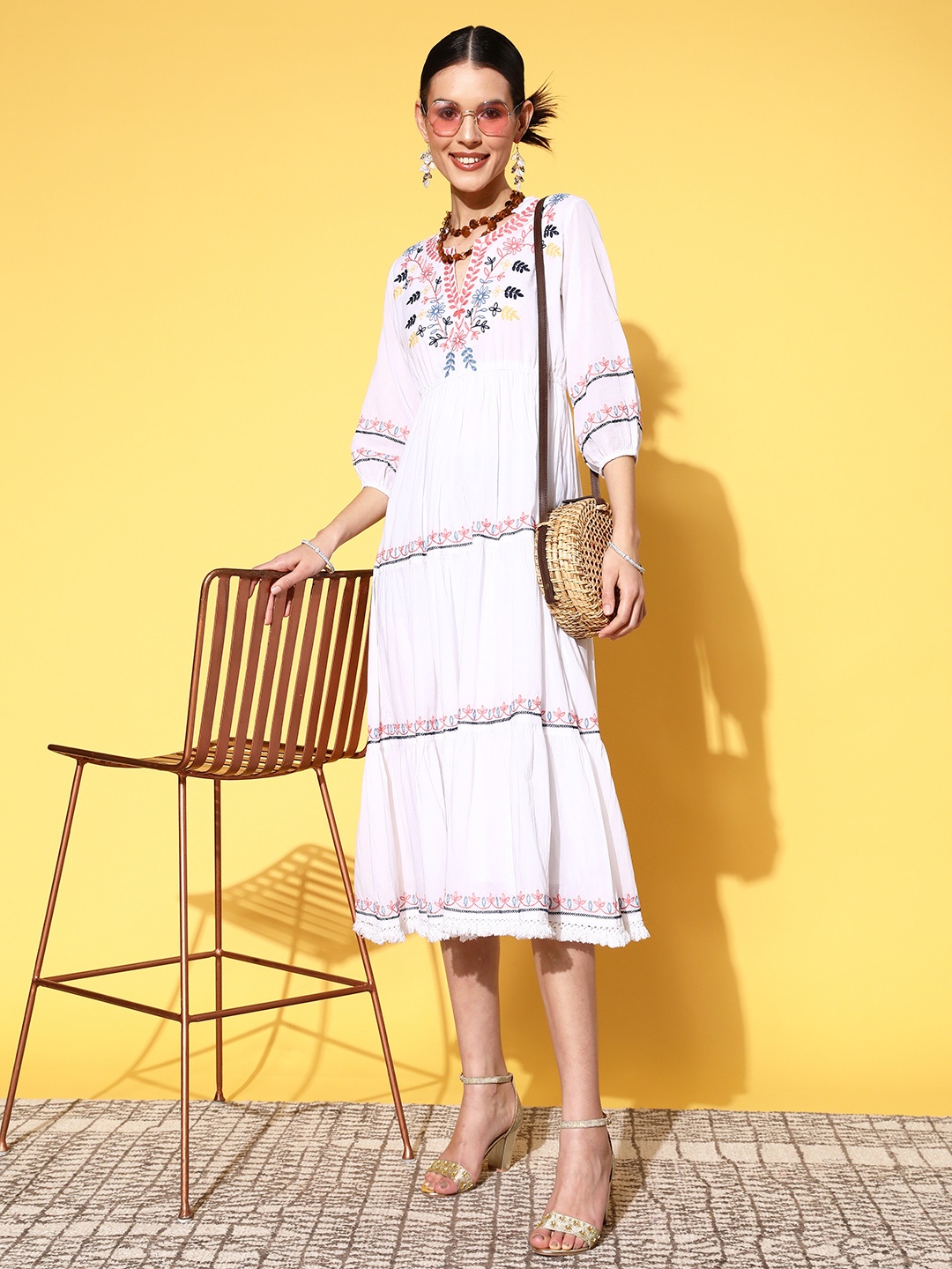 

Indo Era White Floral Embroidered Ethnic A-Line Midi Dress