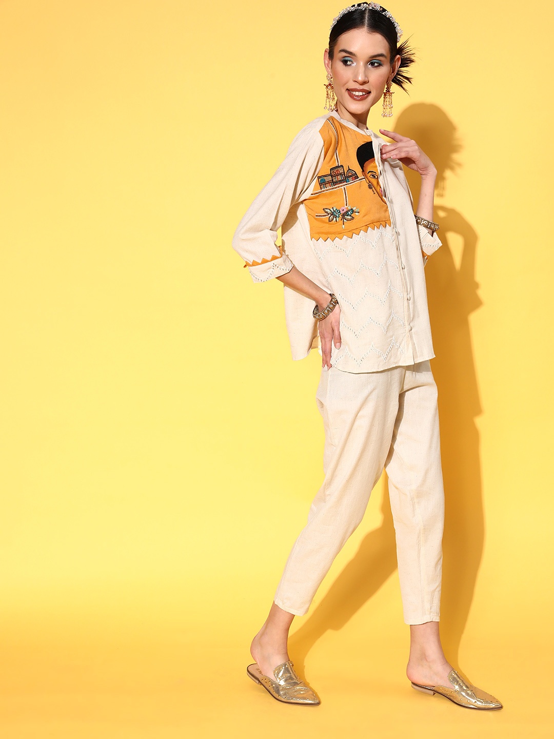 

Indo Era Women Off White Embroidered Thread Work Top with Trousers