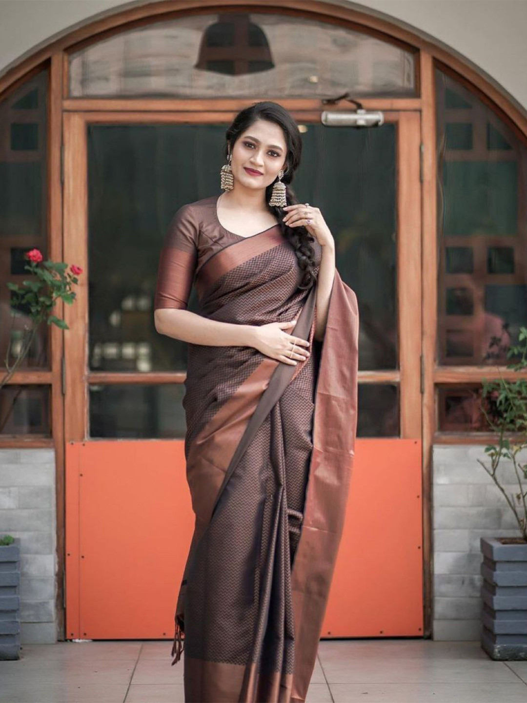 

ZIKARAA Woven Design Zari Pure Silk Banarasi Saree, Bronze
