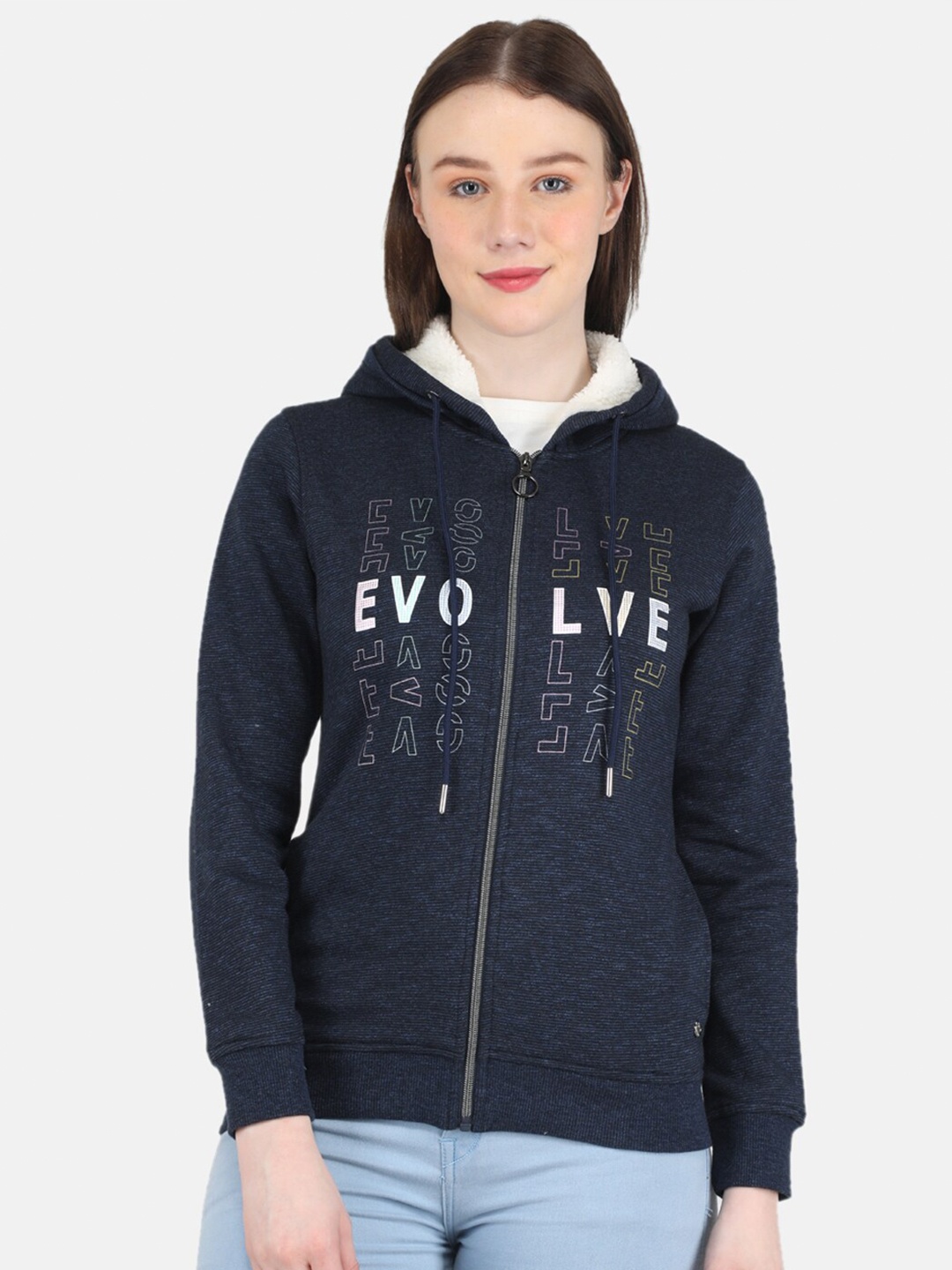 

Monte Carlo Women Typography Printed Cotton Hooded Sweatshirt, Navy blue