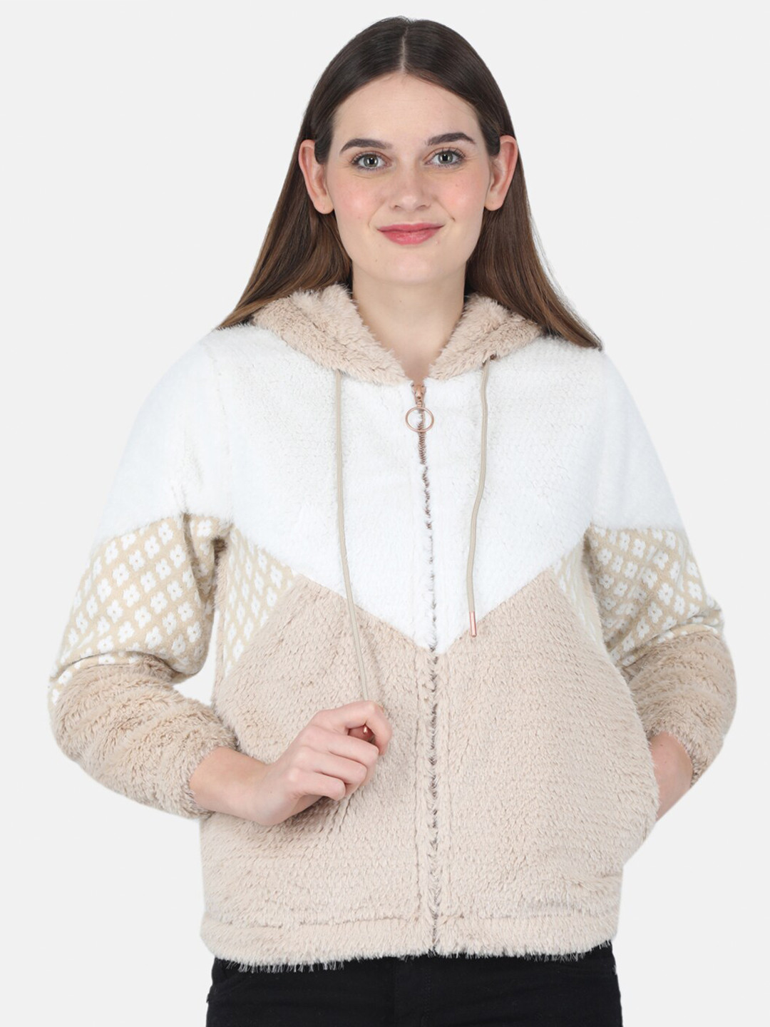 

Monte Carlo Women Colourblocked Hooded Sweatshirt, Beige