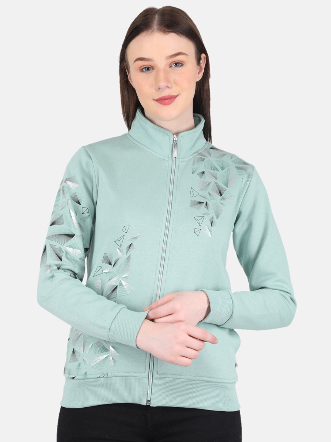 

Monte Carlo Women Front Open Printed Cotton Sweatshirt, Green