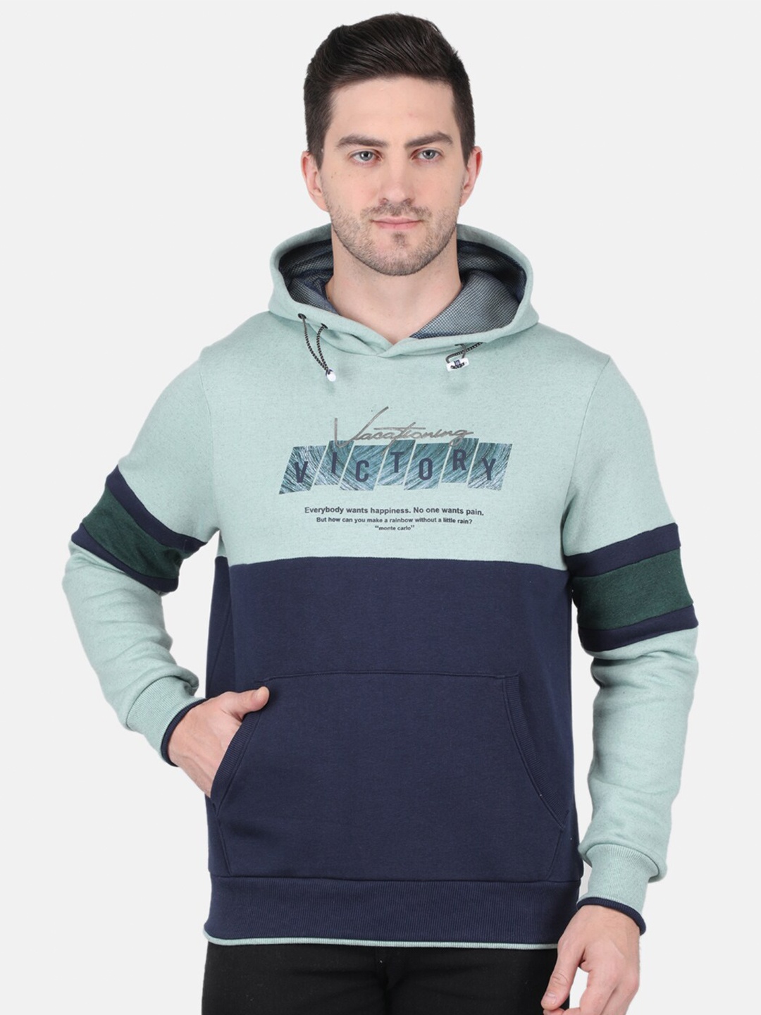 

Monte Carlo Men Typhography Printed Hooded Cotton Pullover Sweatshirt, Green