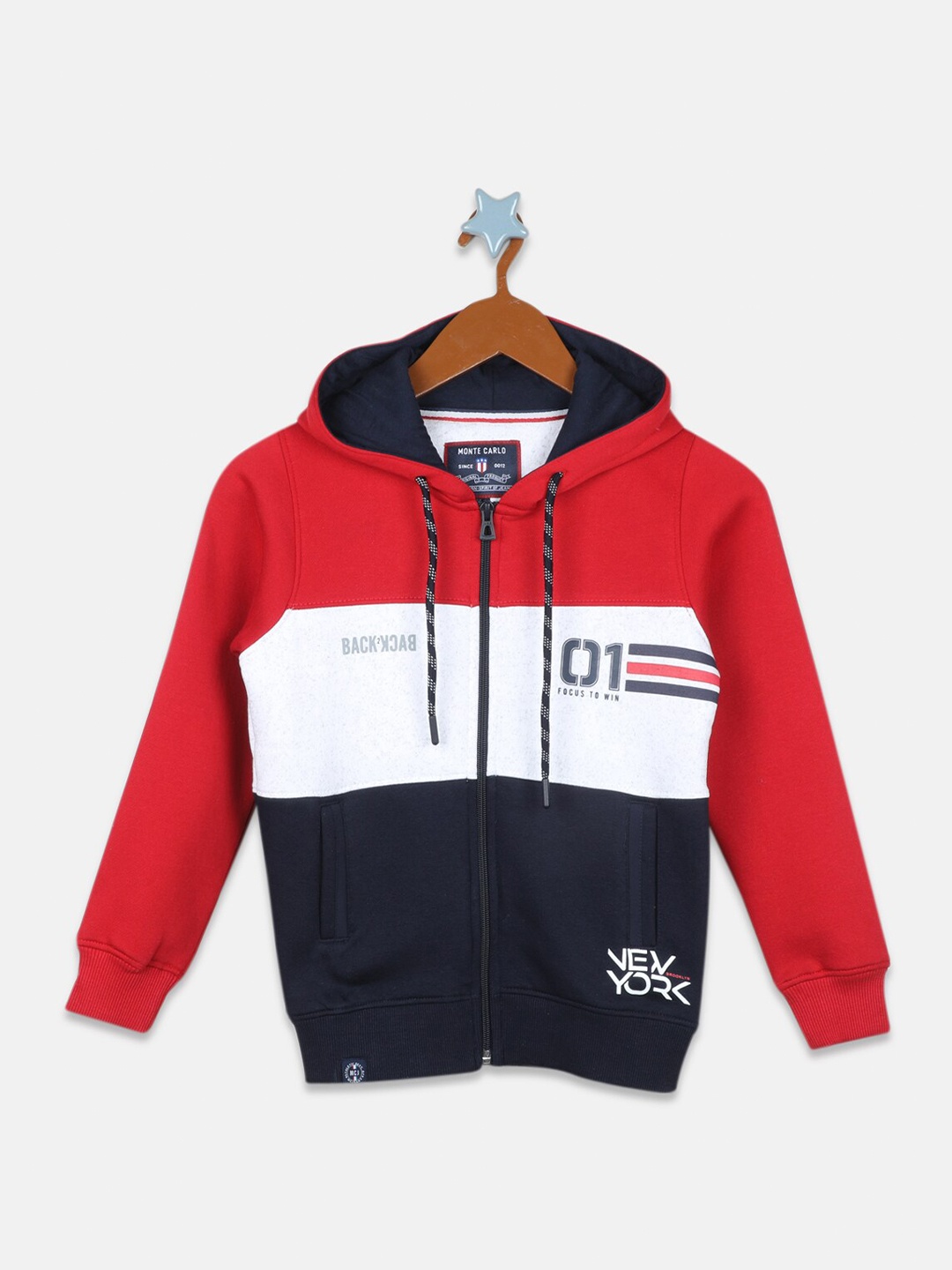

Monte Carlo Boys Colourblocked Hooded Front Open Cotton Sweatshirt, Red