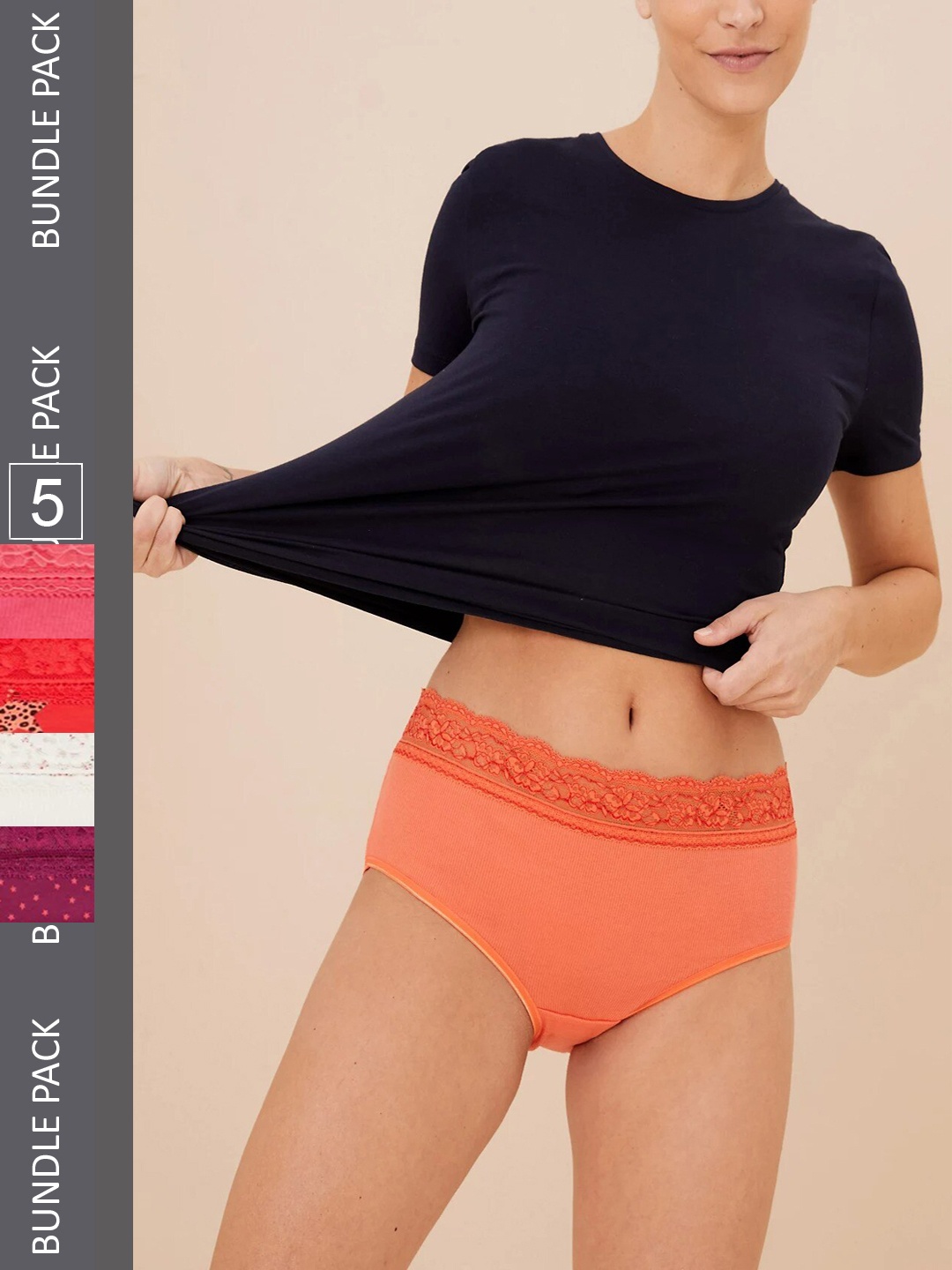 

Marks & Spencer Women Pack Of 5 Self Design Basic Briefs, Red