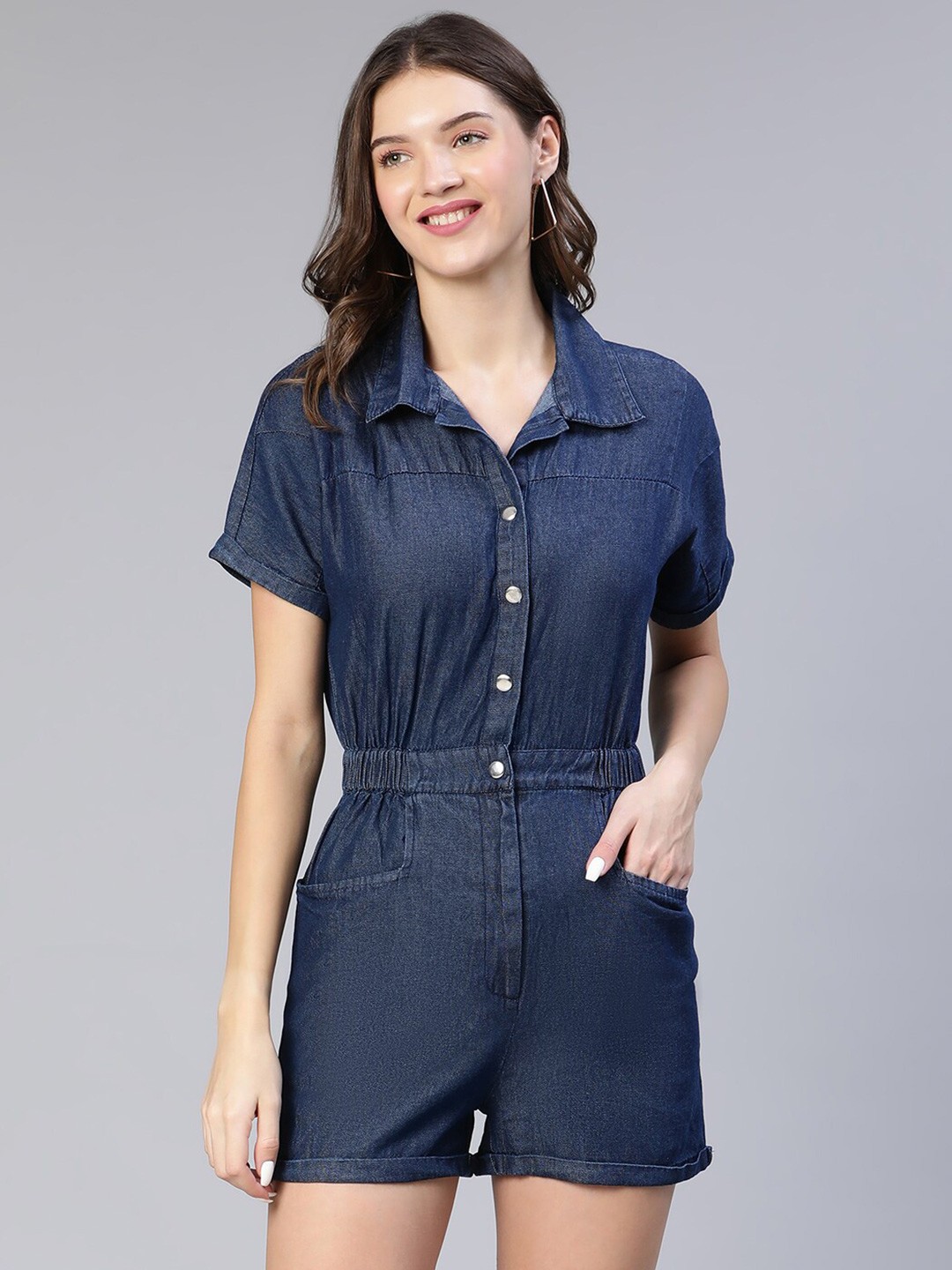 

Oxolloxo Cotton Denim Playsuit, Blue