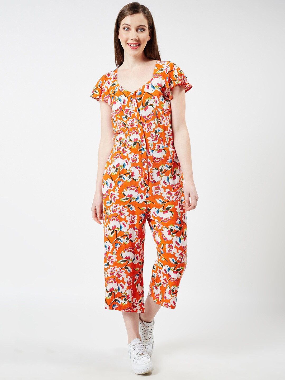 

Oxolloxo Printed Basic Jumpsuit with Ruffles, Orange